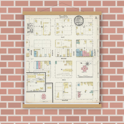 Old map wall art mockup — magnetic wood frame on brick wall — Sanborn Fire Insurance Map from Henrietta, Clay County, Texas (1891), Sheet #0001