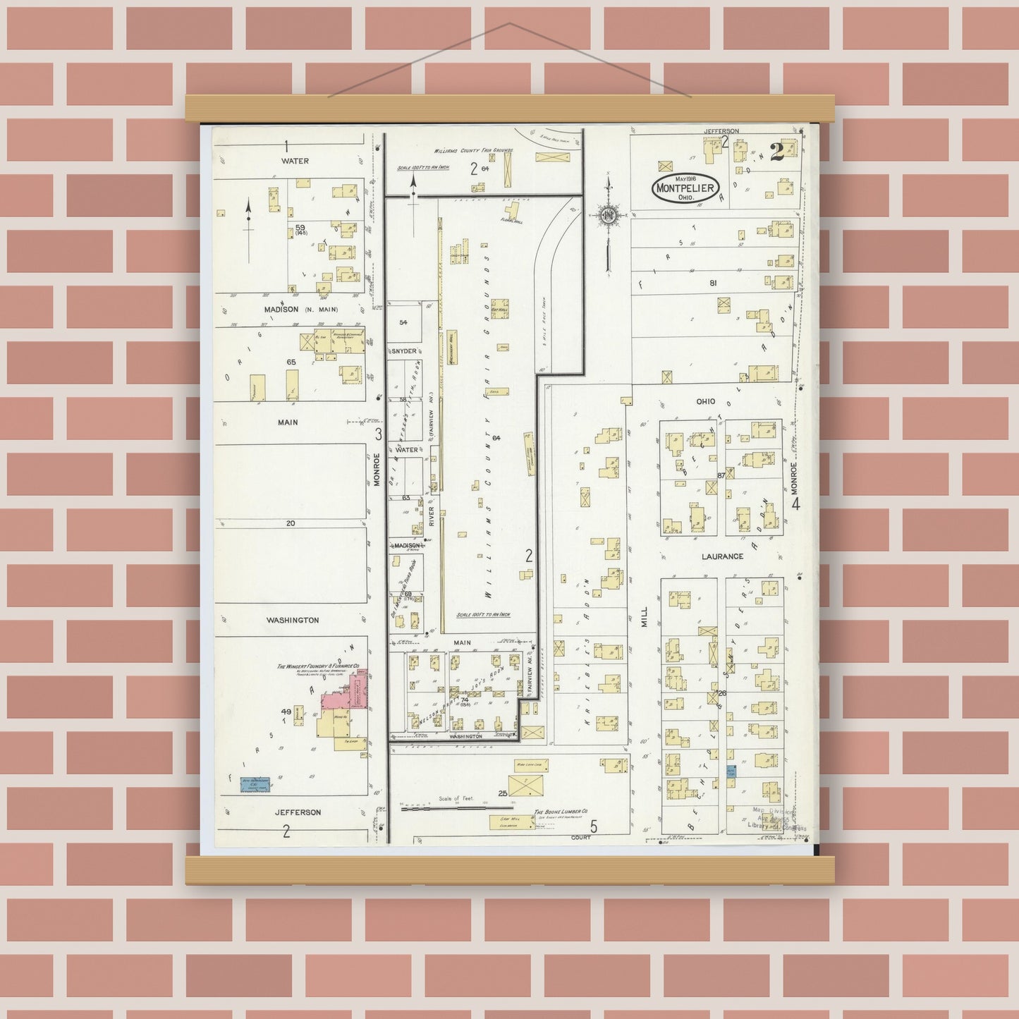 Old map wall art mockup — magnetic wood frame on brick wall — Sanborn Fire Insurance Map from Montpelier, Williams County, Ohio (1916), Sheet #0002