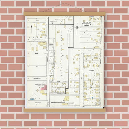 Old map wall art mockup — magnetic wood frame on brick wall — Sanborn Fire Insurance Map from Montpelier, Williams County, Ohio (1916), Sheet #0002
