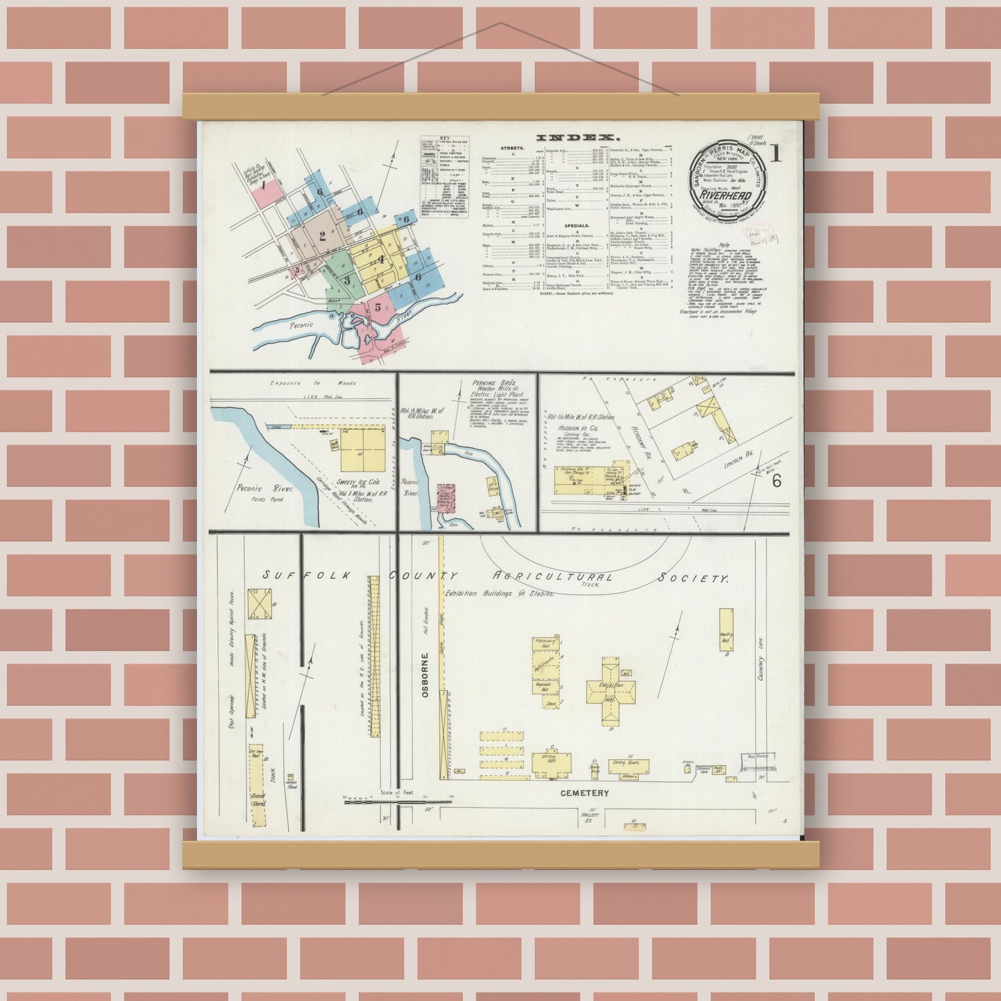 Old map wall art mockup — magnetic wood frame on brick wall — Sanborn Fire Insurance Map from Riverhead, Suffolk County, New York (1897) - Complete Map Set