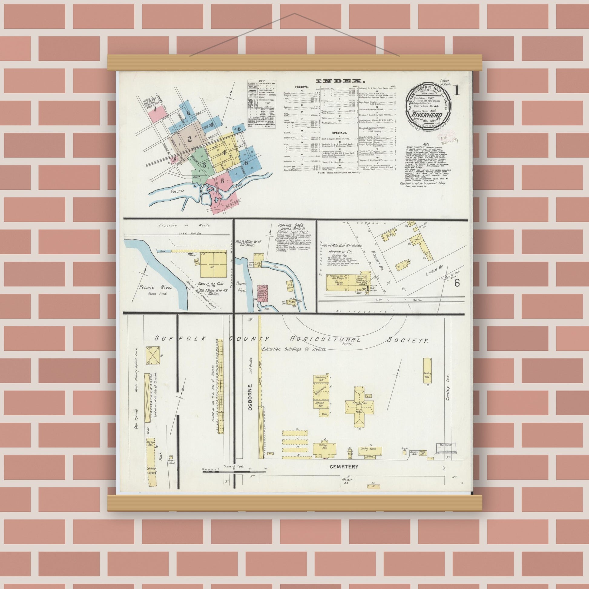 Old map wall art mockup — magnetic wood frame on brick wall — Sanborn Fire Insurance Map from Riverhead, Suffolk County, New York (1897) - Complete Map Set