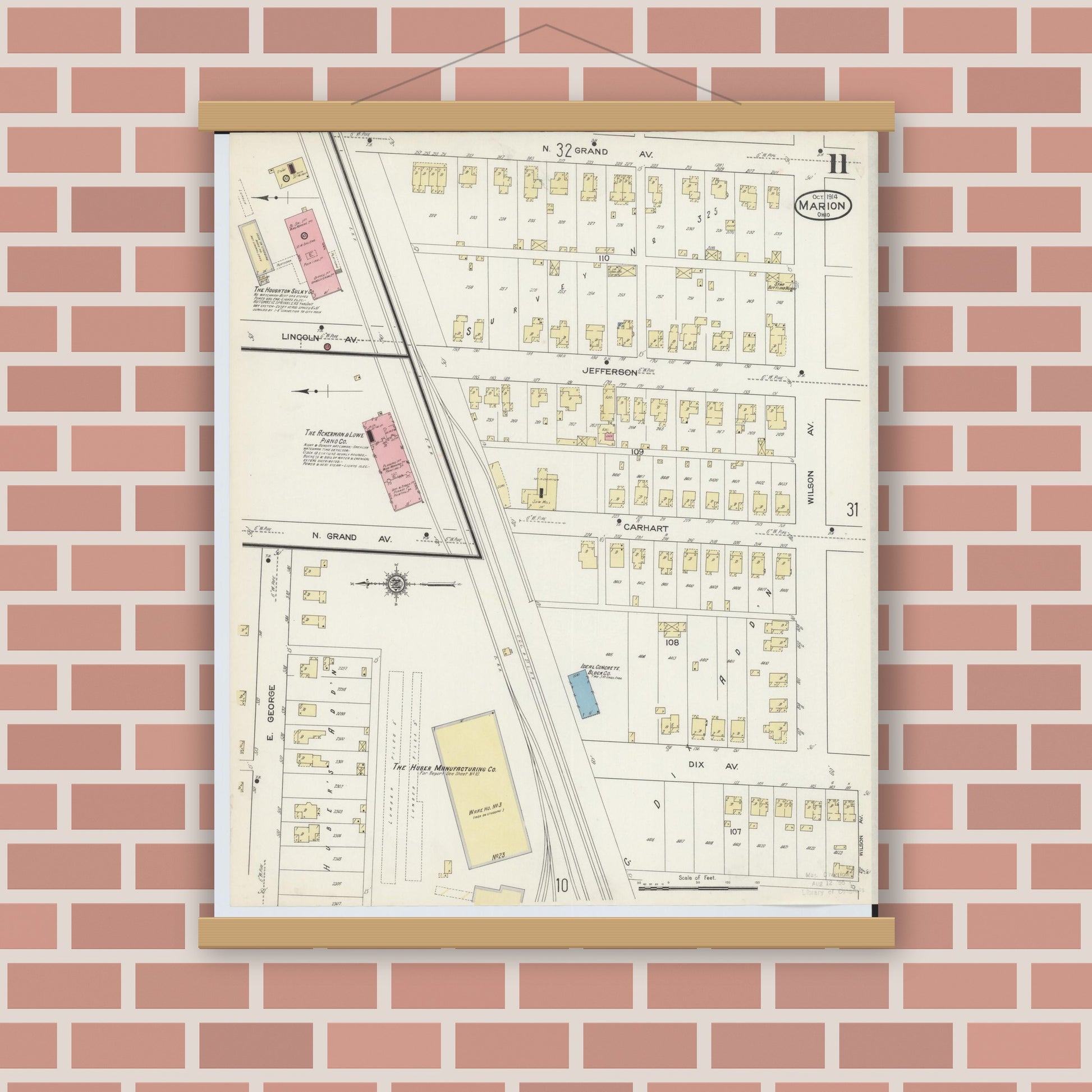 Old map wall art mockup — magnetic wood frame on brick wall — Sanborn Fire Insurance Map from Marion, Marion County, Ohio (1914), Sheet #0011