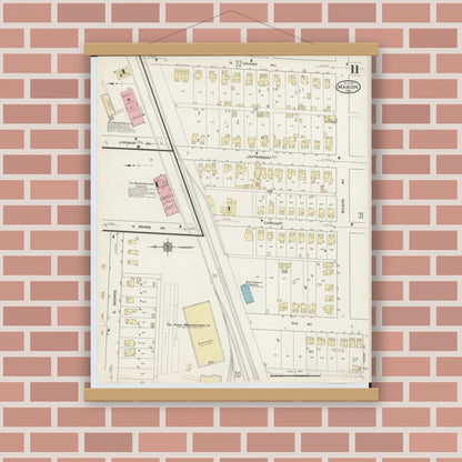 Old map wall art mockup — magnetic wood frame on brick wall — Sanborn Fire Insurance Map from Marion, Marion County, Ohio (1914), Sheet #0011