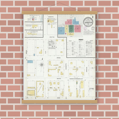 Old map wall art mockup — magnetic wood frame on brick wall — Sanborn Fire Insurance Map from Henrietta, Clay County, Texas (1902) - Complete Map Set