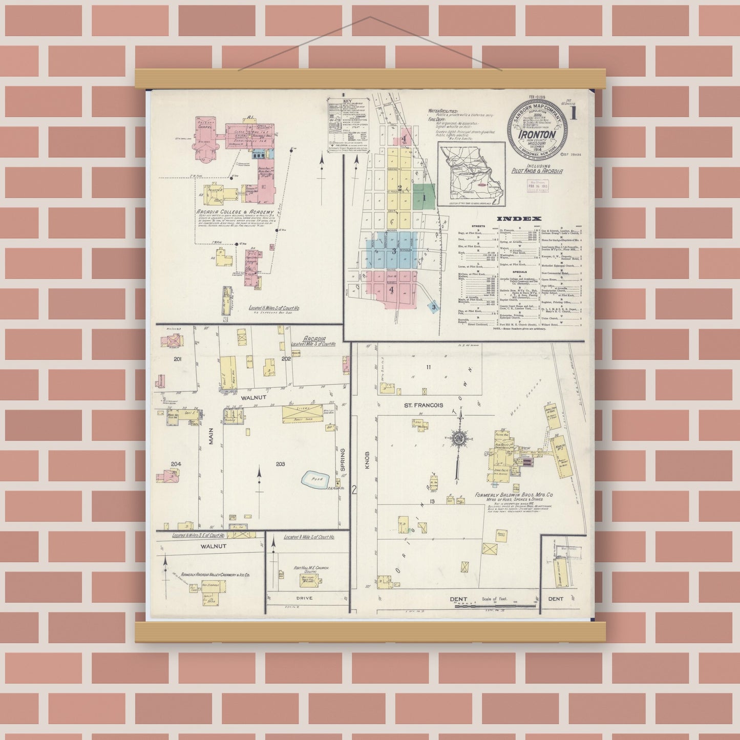 Old map wall art mockup — magnetic wood frame on brick wall — Sanborn Fire Insurance Map from Ironton, Iron County, Missouri (1914) - Complete Map Set