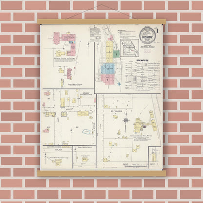Old map wall art mockup — magnetic wood frame on brick wall — Sanborn Fire Insurance Map from Ironton, Iron County, Missouri (1914) - Complete Map Set