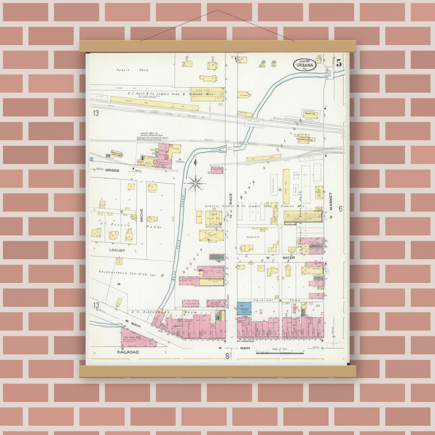 Old map wall art mockup — magnetic wood frame on brick wall — Sanborn Fire Insurance Map from Urbana, Champaign County, Illinois (1909), Sheet #0005