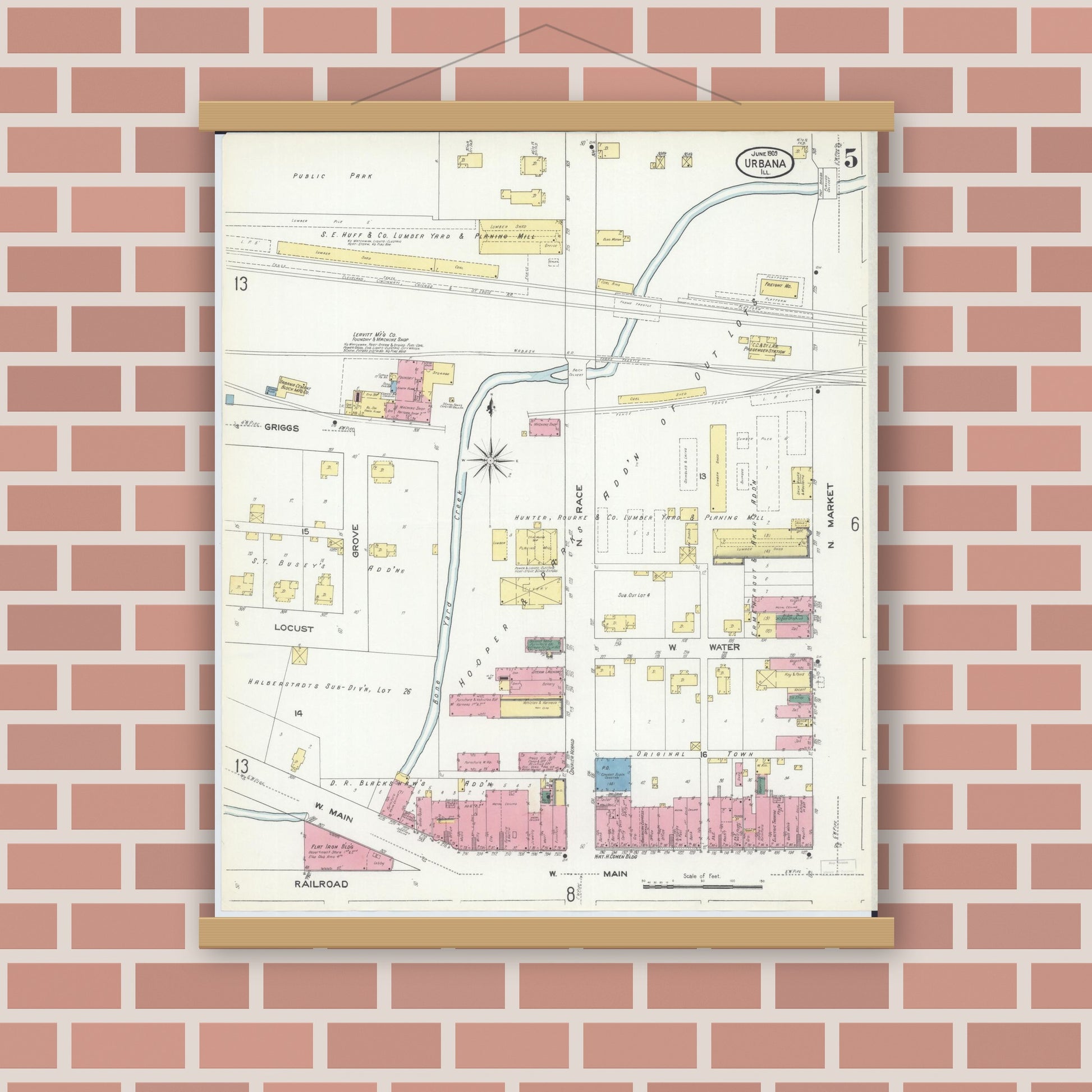 Old map wall art mockup — magnetic wood frame on brick wall — Sanborn Fire Insurance Map from Urbana, Champaign County, Illinois (1909), Sheet #0005