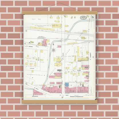 Old map wall art mockup — magnetic wood frame on brick wall — Sanborn Fire Insurance Map from Urbana, Champaign County, Illinois (1909), Sheet #0005