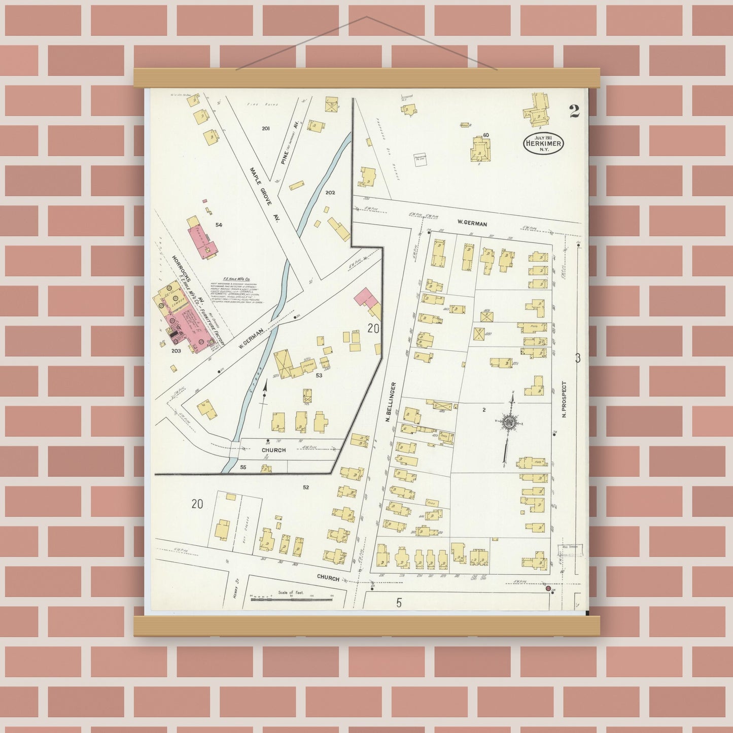 Old map wall art mockup — magnetic wood frame on brick wall — Sanborn Fire Insurance Map from Herkimer, Herkimer County, New York (1911) - Complete Map Set