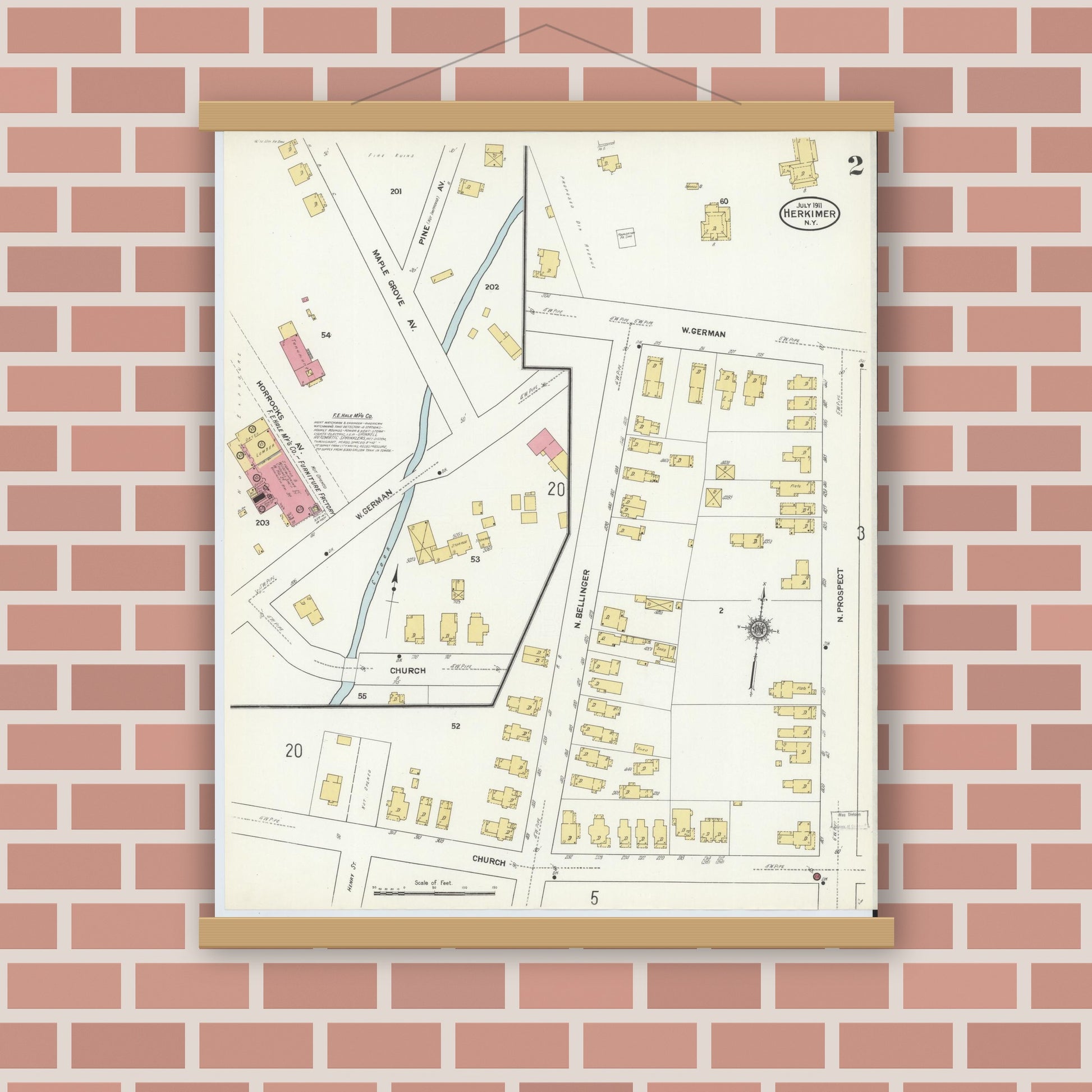 Old map wall art mockup — magnetic wood frame on brick wall — Sanborn Fire Insurance Map from Herkimer, Herkimer County, New York (1911) - Complete Map Set