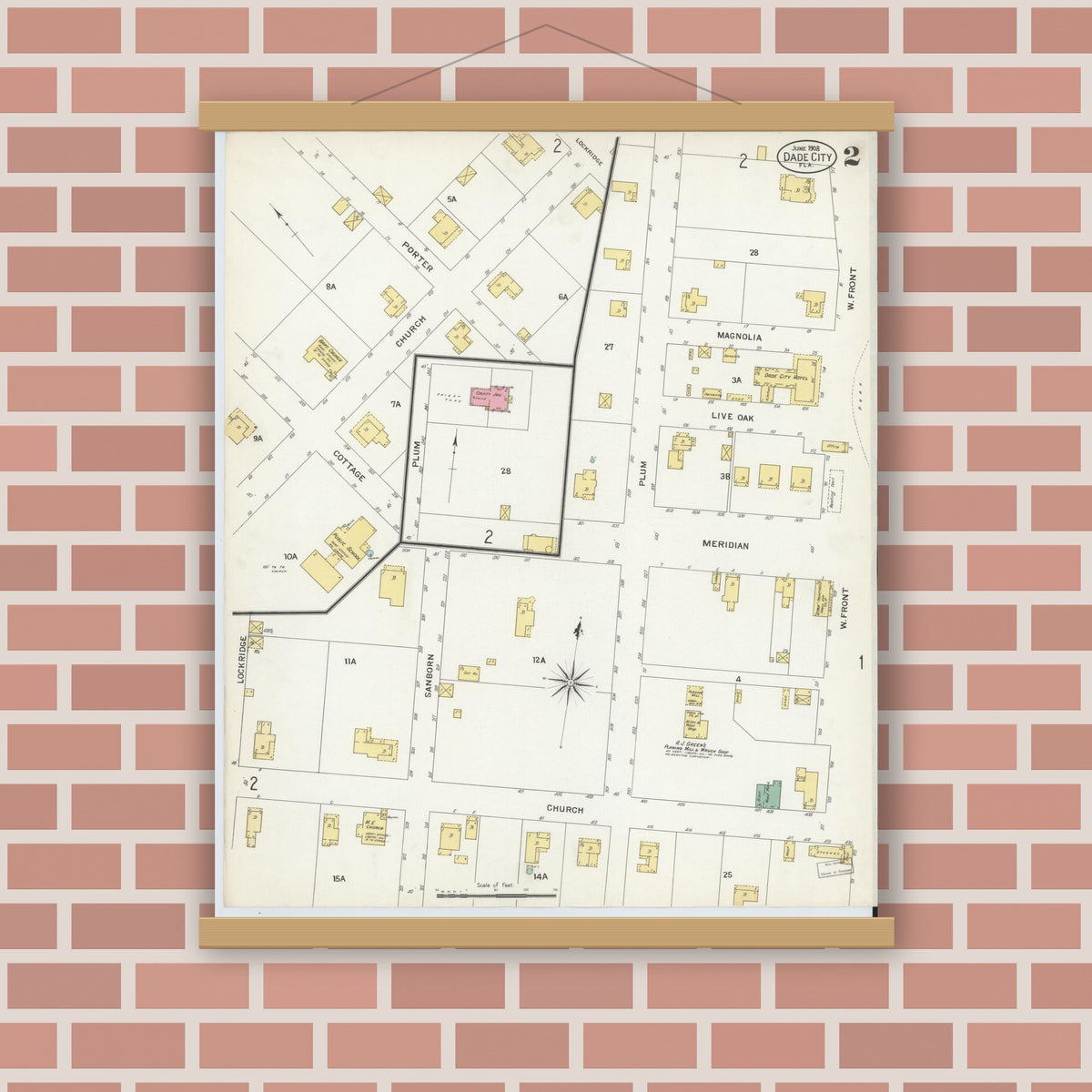 Old map wall art mockup — magnetic wood frame on brick wall — Sanborn Fire Insurance Map from Dade City, Pasco County, Florida (1908), Sheet #0002