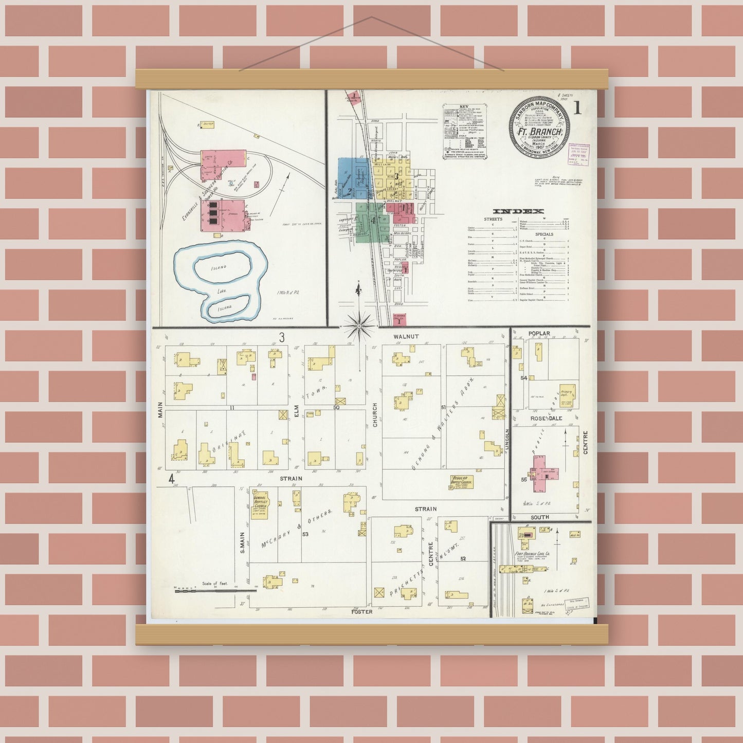 Old map wall art mockup — magnetic wood frame on brick wall — Sanborn Fire Insurance Map from Fort Branch, Gibson County, Indiana (1907) - Complete Map Set
