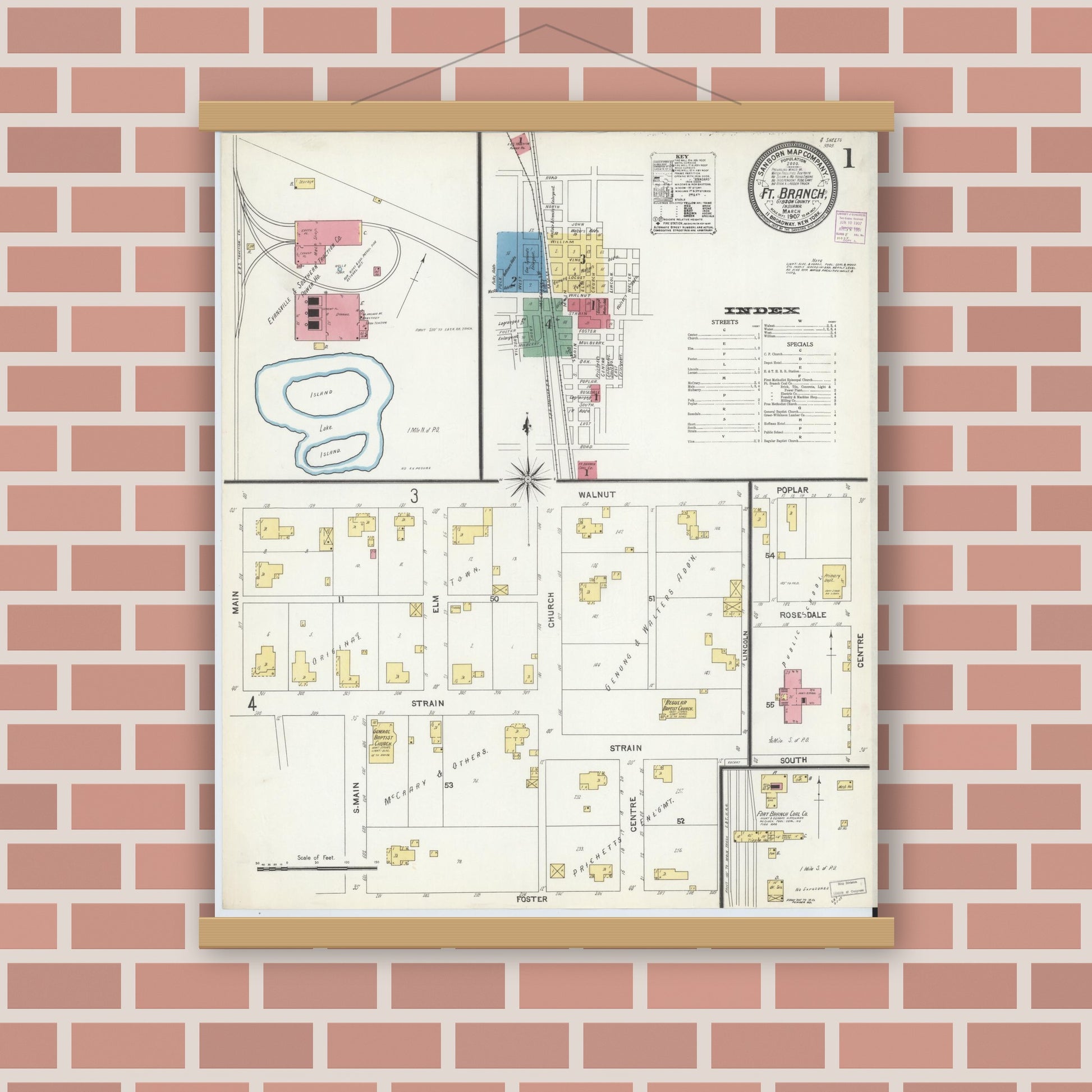 Old map wall art mockup — magnetic wood frame on brick wall — Sanborn Fire Insurance Map from Fort Branch, Gibson County, Indiana (1907) - Complete Map Set