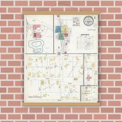 Old map wall art mockup — magnetic wood frame on brick wall — Sanborn Fire Insurance Map from Fort Branch, Gibson County, Indiana (1907) - Complete Map Set