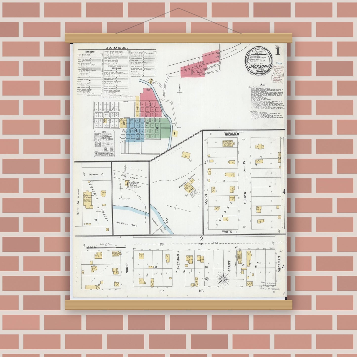 Old map wall art mockup — magnetic wood frame on brick wall — Sanborn Fire Insurance Map from Jackson, Jackson County, Minnesota (1900), Sheet #0001