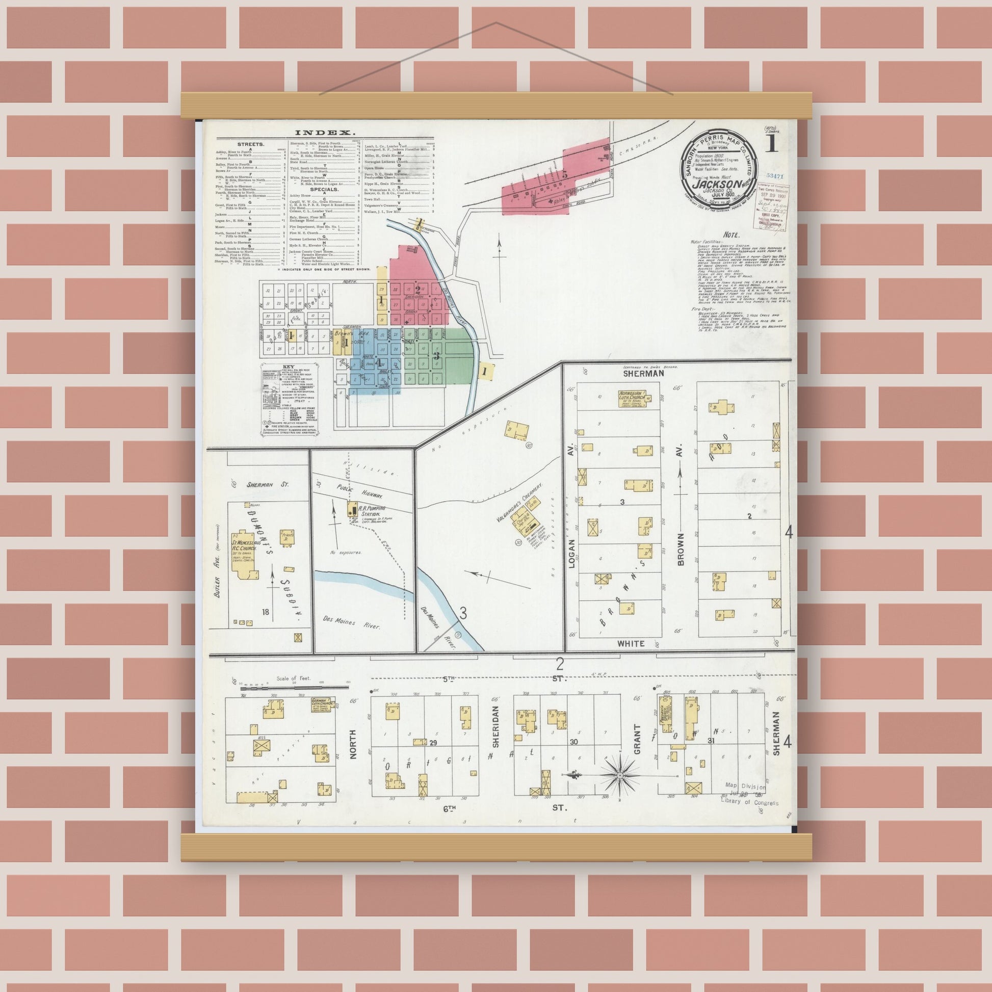 Old map wall art mockup — magnetic wood frame on brick wall — Sanborn Fire Insurance Map from Jackson, Jackson County, Minnesota (1900), Sheet #0001