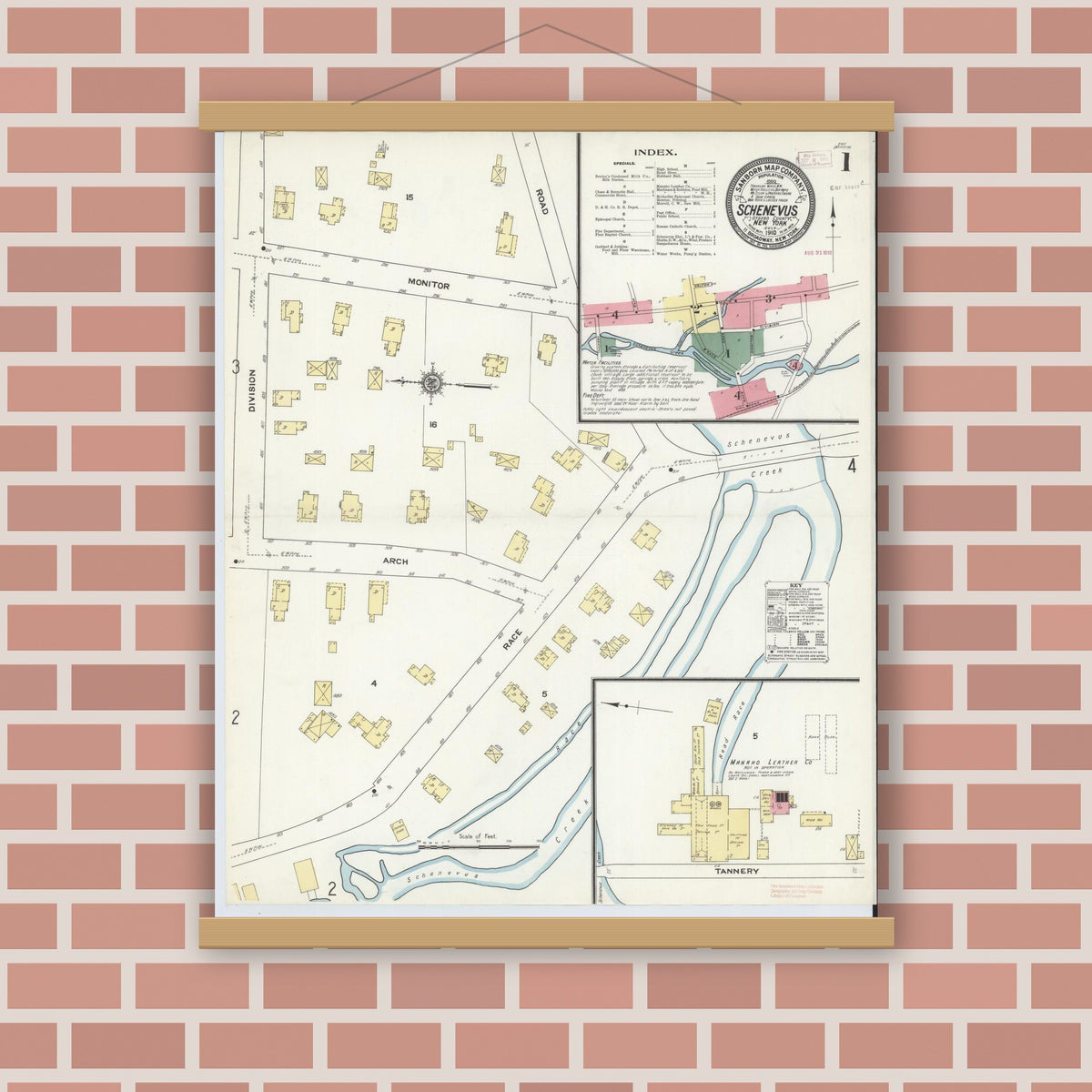 Old map wall art mockup — magnetic wood frame on brick wall — Sanborn Fire Insurance Map from Schenevus, Otsego County, New York (1910), Sheet #0001