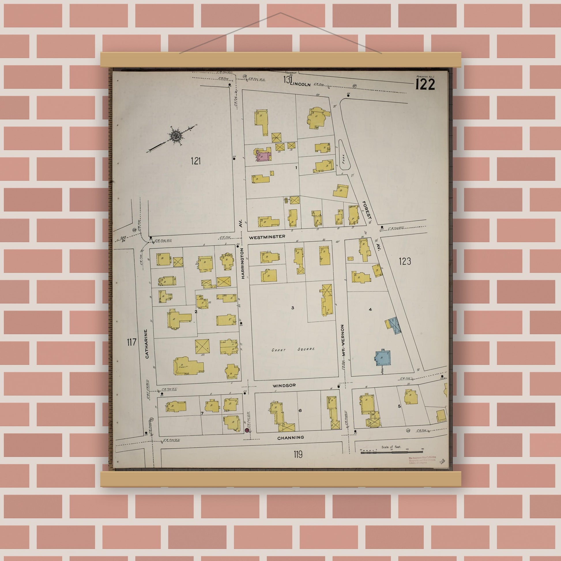 Old map wall art mockup — magnetic wood frame on brick wall — Sanborn Fire Insurance Map from Worcester, Worcester County, Massachusetts (1910), Sheet #0122