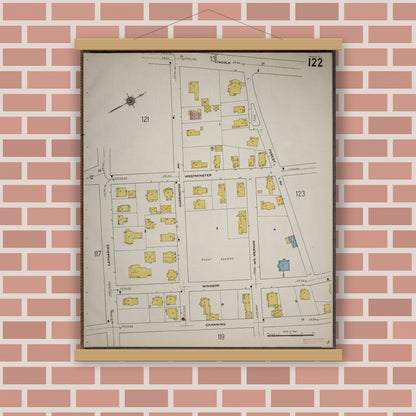 Old map wall art mockup — magnetic wood frame on brick wall — Sanborn Fire Insurance Map from Worcester, Worcester County, Massachusetts (1910), Sheet #0122