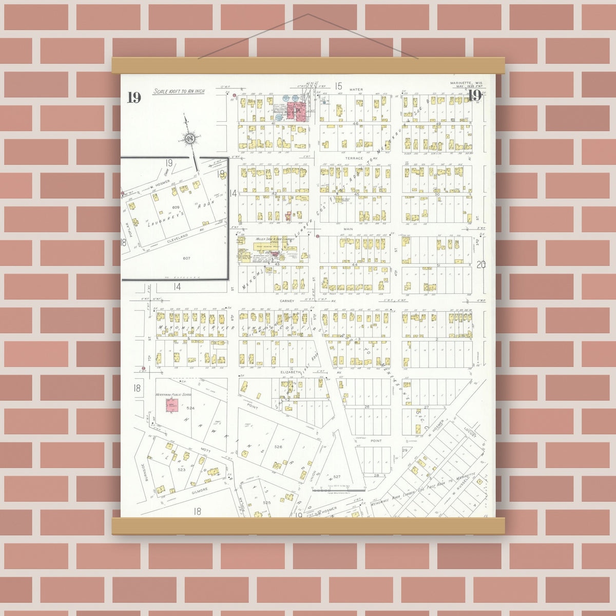 Old map wall art mockup — magnetic wood frame on brick wall — Sanborn Fire Insurance Map from Marinette, Marinette County, Wisconsin (1935), Sheet #0019