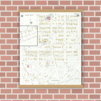 Old map wall art mockup — magnetic wood frame on brick wall — Sanborn Fire Insurance Map from Marinette, Marinette County, Wisconsin (1935), Sheet #0019