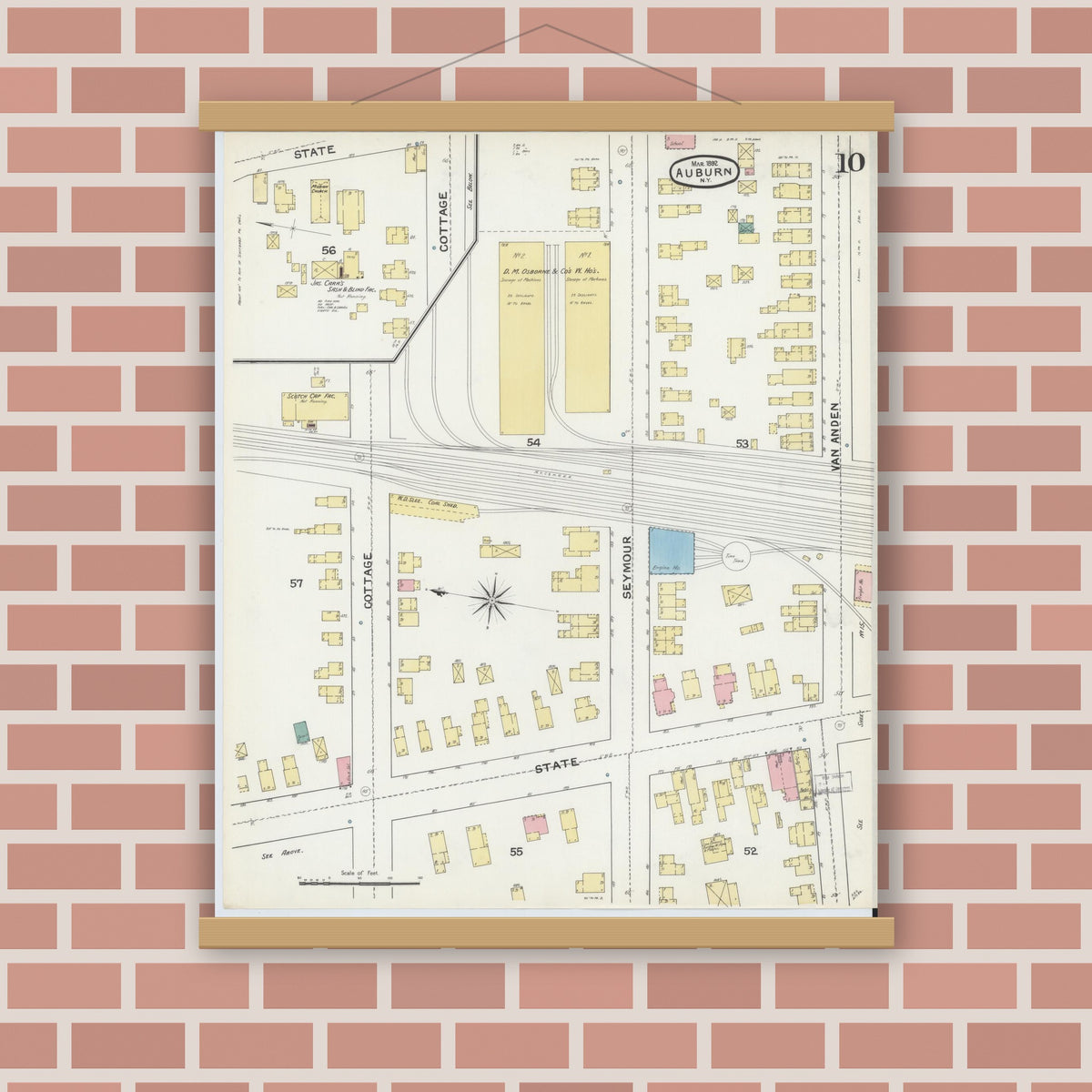 Old map wall art mockup — magnetic wood frame on brick wall — Sanborn Fire Insurance Map from Auburn, Cayuga County, New York (1892), Sheet #0010