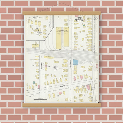 Old map wall art mockup — magnetic wood frame on brick wall — Sanborn Fire Insurance Map from Auburn, Cayuga County, New York (1892), Sheet #0010