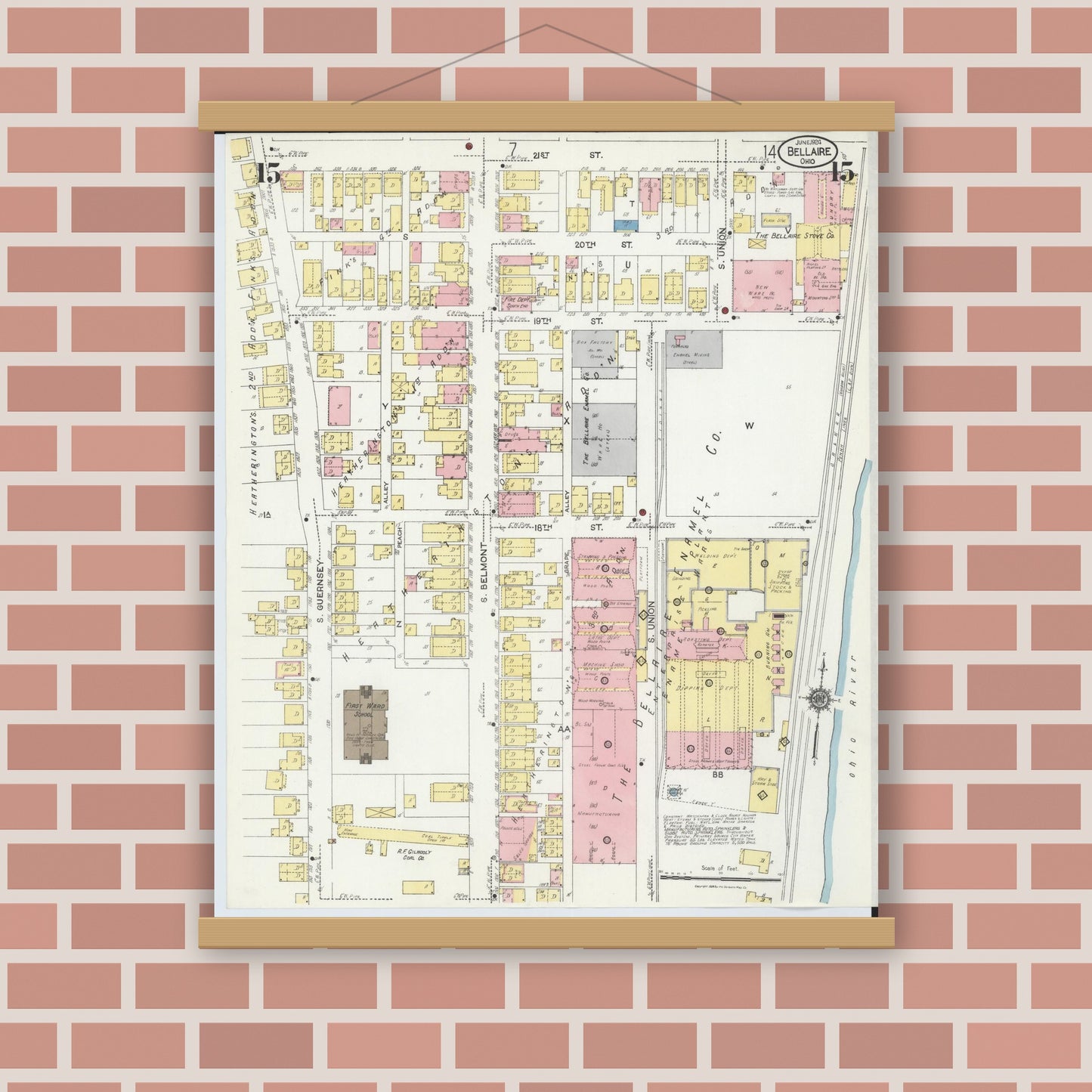 Old map wall art mockup — magnetic wood frame on brick wall — Sanborn Fire Insurance Map from Bellaire, Belmont County, Ohio (1924), Sheet #0015