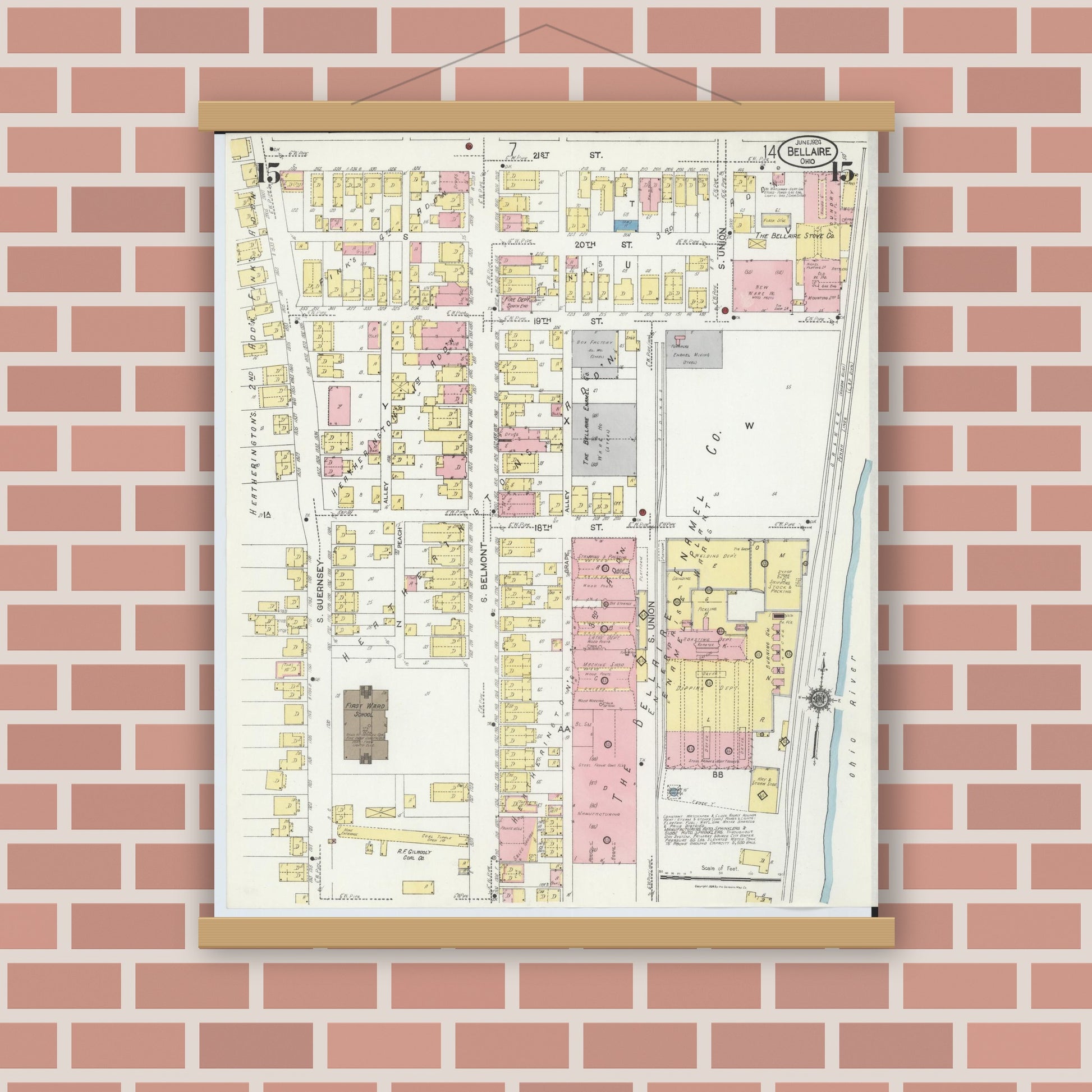 Old map wall art mockup — magnetic wood frame on brick wall — Sanborn Fire Insurance Map from Bellaire, Belmont County, Ohio (1924), Sheet #0015