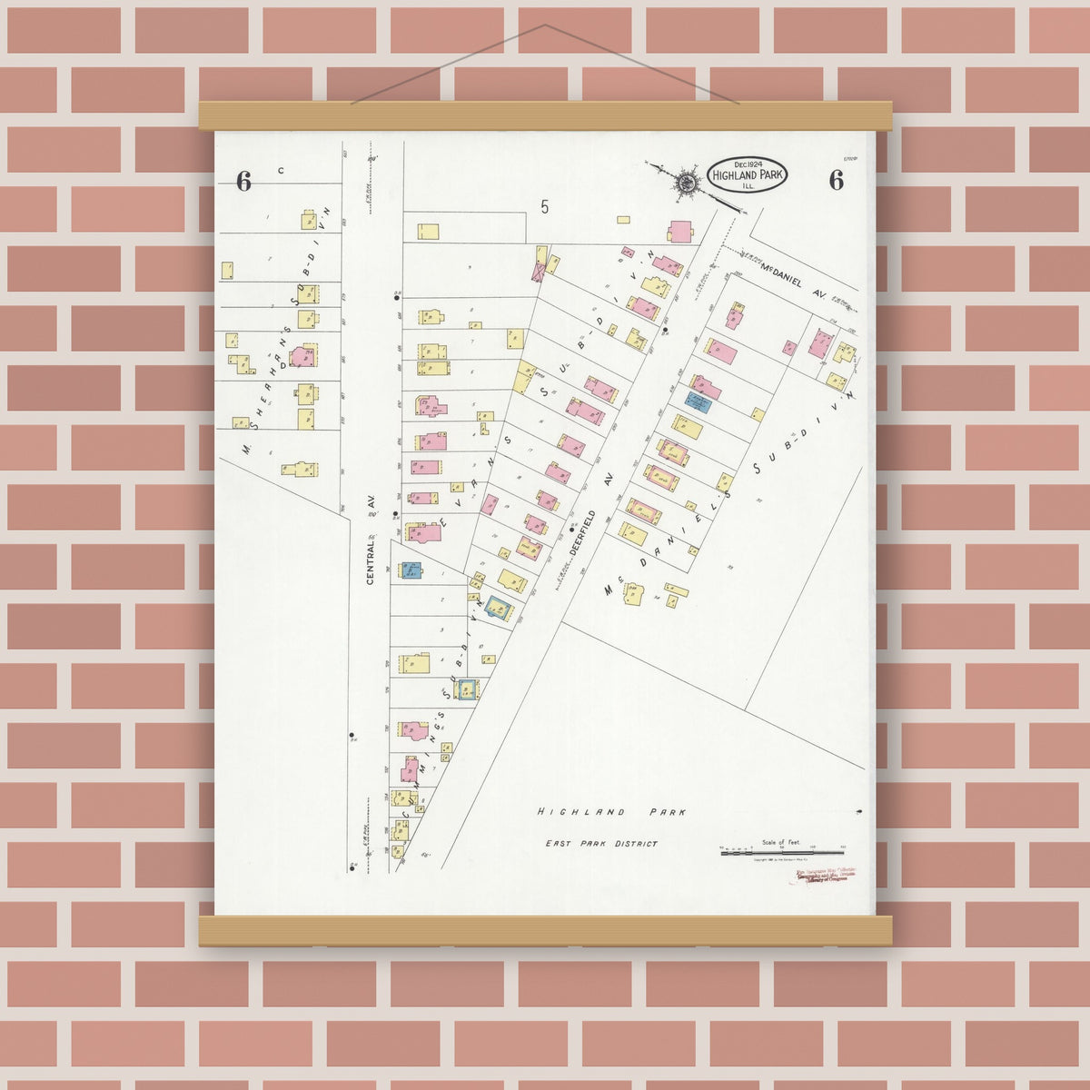 Old map wall art mockup — magnetic wood frame on brick wall — Sanborn Fire Insurance Map from Highland Park, Lake County, Illinois (1924), Sheet #0006