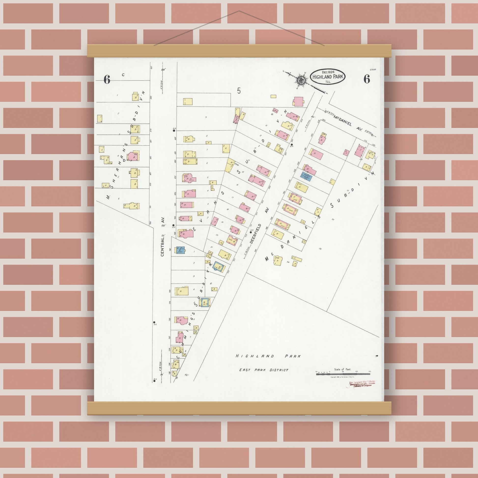 Old map wall art mockup — magnetic wood frame on brick wall — Sanborn Fire Insurance Map from Highland Park, Lake County, Illinois (1924), Sheet #0006