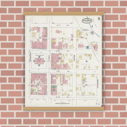 Old map wall art mockup — magnetic wood frame on brick wall — Sanborn Fire Insurance Map from Anderson, Madison County, Indiana (1890), Sheet #0005