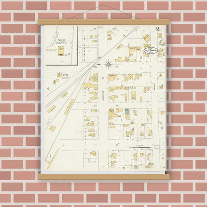 Old map wall art mockup — magnetic wood frame on brick wall — Sanborn Fire Insurance Map from West Branch, Ogemaw County, Michigan (1898), Sheet #0002