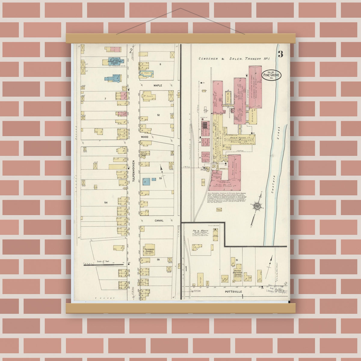 Old map wall art mockup — magnetic wood frame on brick wall — Sanborn Fire Insurance Map from Pine Grove, Schuylkill County, Pennsylvania (1911), Sheet #0003