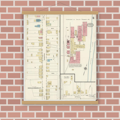 Old map wall art mockup — magnetic wood frame on brick wall — Sanborn Fire Insurance Map from Pine Grove, Schuylkill County, Pennsylvania (1911), Sheet #0003