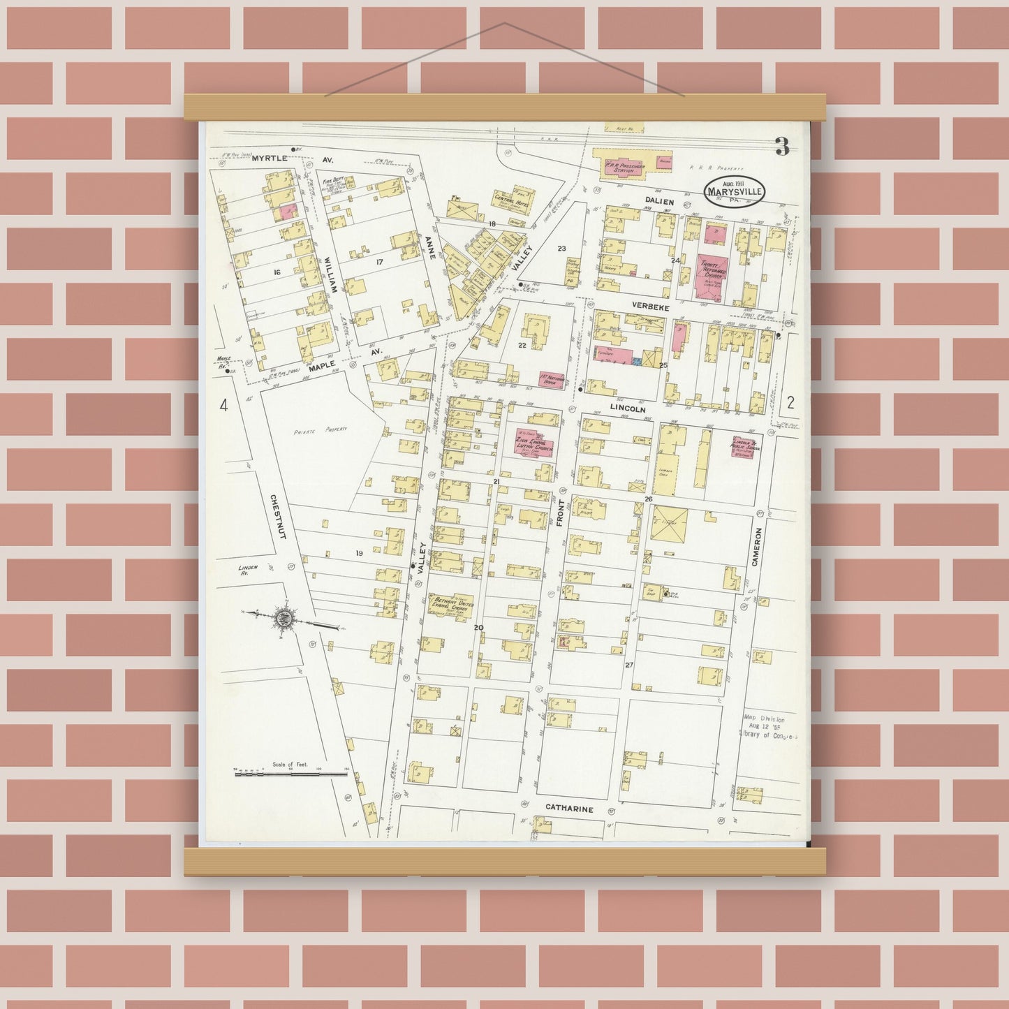 Old map wall art mockup — magnetic wood frame on brick wall — Sanborn Fire Insurance Map from Marysville, Perry County, Pennsylvania (1911), Sheet #0003