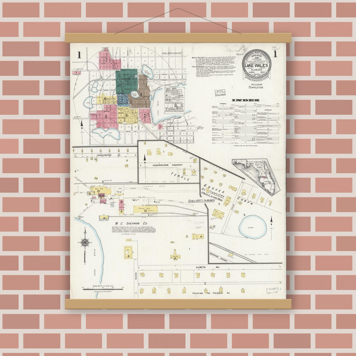 Old map wall art mockup — magnetic wood frame on brick wall — Sanborn Fire Insurance Map from Lake Wales, Polk County, Florida (1924) - Complete Map Set