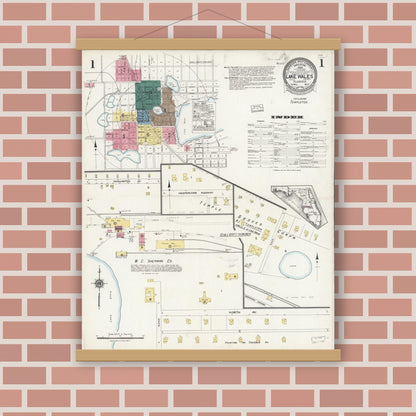 Old map wall art mockup — magnetic wood frame on brick wall — Sanborn Fire Insurance Map from Lake Wales, Polk County, Florida (1924) - Complete Map Set