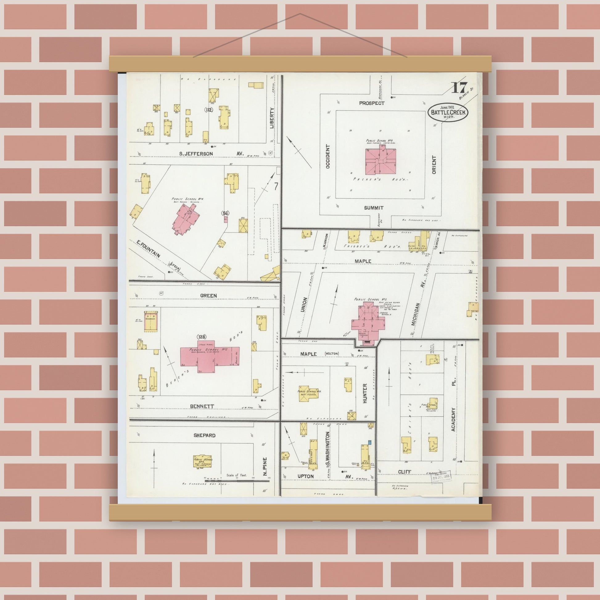 Old map wall art mockup — magnetic wood frame on brick wall — Sanborn Fire Insurance Map from Battle Creek, Calhoun County, Michigan (1902), Sheet #0017