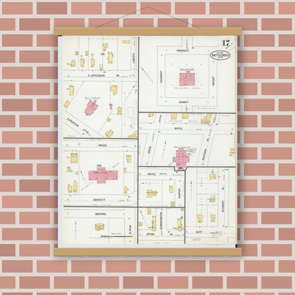 Old map wall art mockup — magnetic wood frame on brick wall — Sanborn Fire Insurance Map from Battle Creek, Calhoun County, Michigan (1902), Sheet #0017