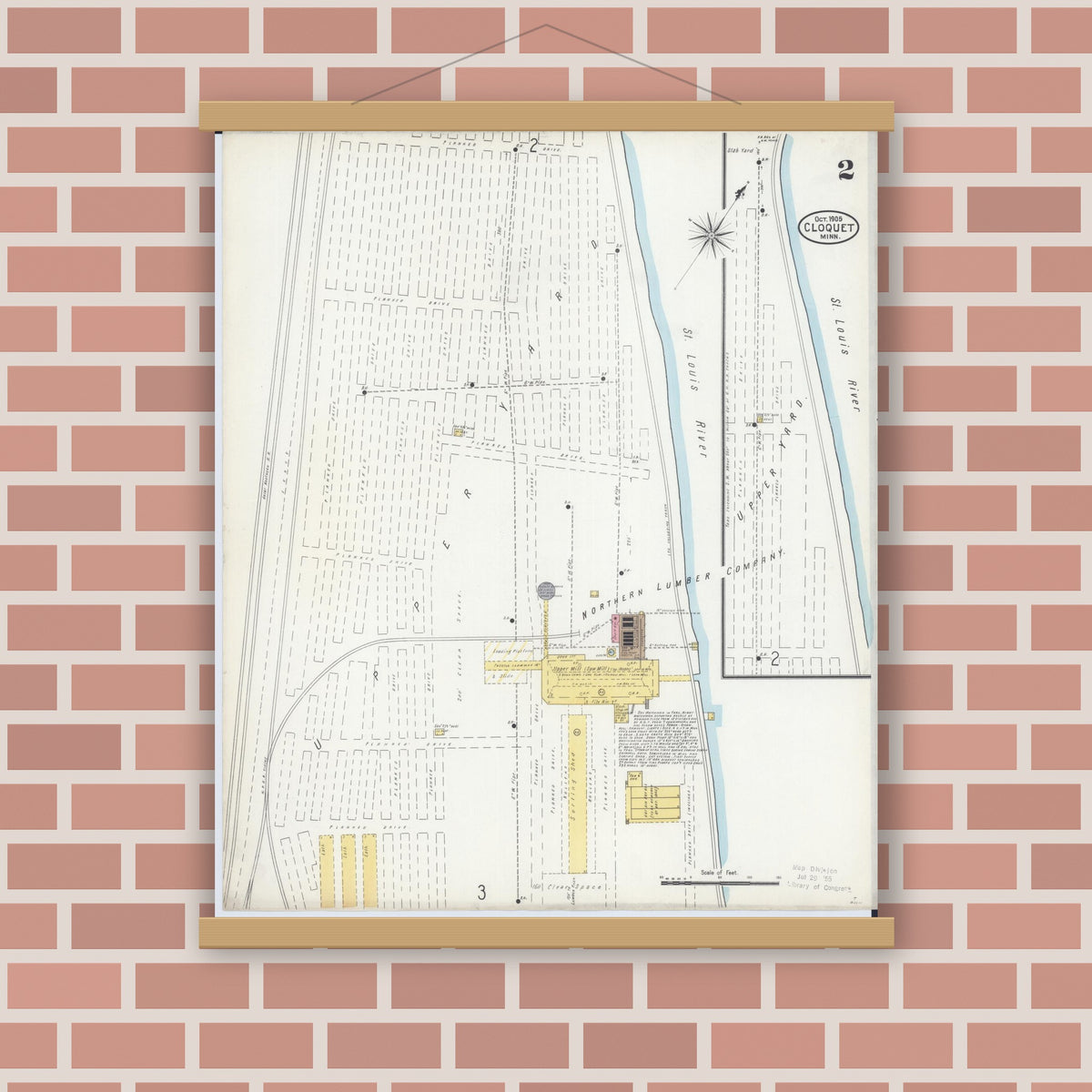 Old map wall art mockup — magnetic wood frame on brick wall — Sanborn Fire Insurance Map from Cloquet, Carlton County, Minnesota (1905), Sheet #0002