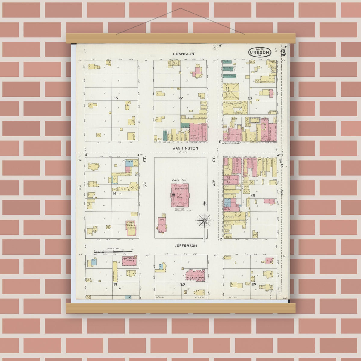 Old map wall art mockup — magnetic wood frame on brick wall — Sanborn Fire Insurance Map from Oregon, Ogle County, Illinois (1893), Sheet #0002