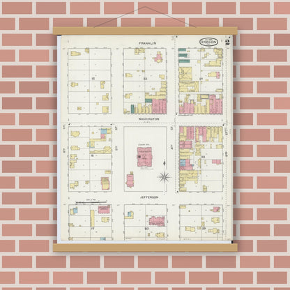 Old map wall art mockup — magnetic wood frame on brick wall — Sanborn Fire Insurance Map from Oregon, Ogle County, Illinois (1893), Sheet #0002