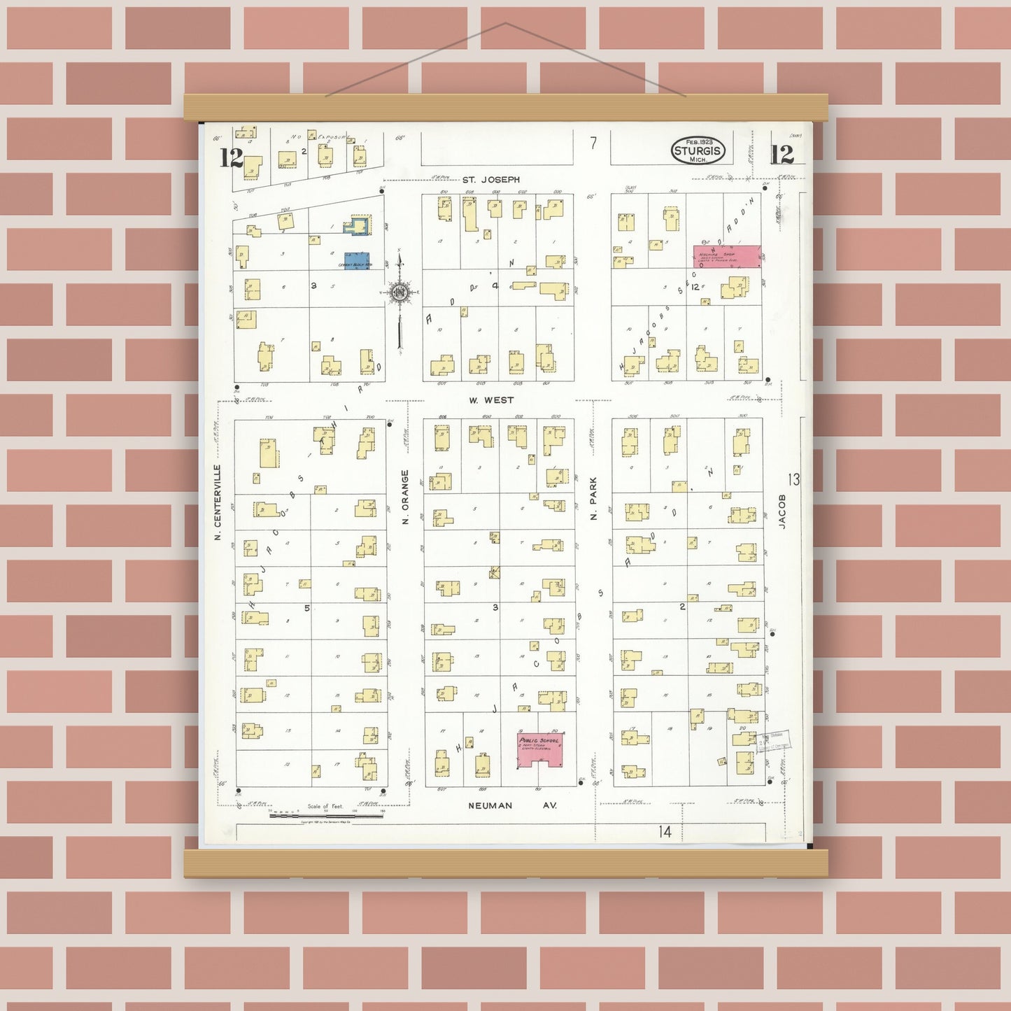 Old map wall art mockup — magnetic wood frame on brick wall — Sanborn Fire Insurance Map from Sturgis, Saint Joseph County, Michigan (1923), Sheet #0012