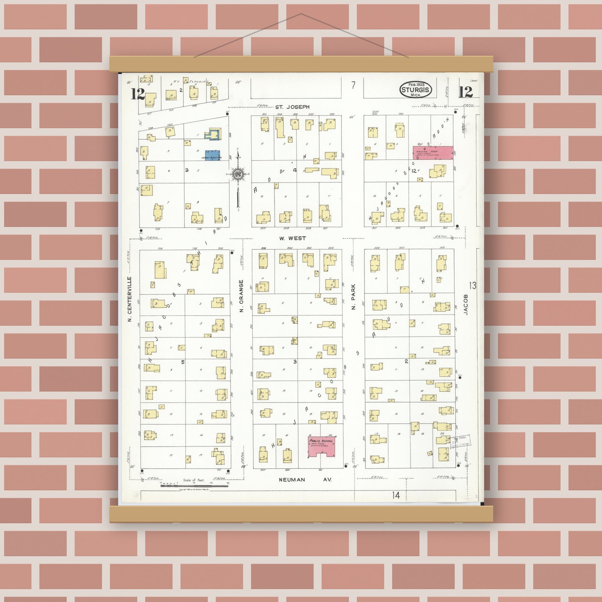 Old map wall art mockup — magnetic wood frame on brick wall — Sanborn Fire Insurance Map from Sturgis, Saint Joseph County, Michigan (1923), Sheet #0012