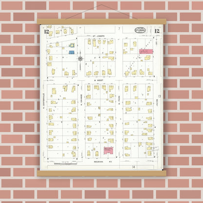 Old map wall art mockup — magnetic wood frame on brick wall — Sanborn Fire Insurance Map from Sturgis, Saint Joseph County, Michigan (1923), Sheet #0012