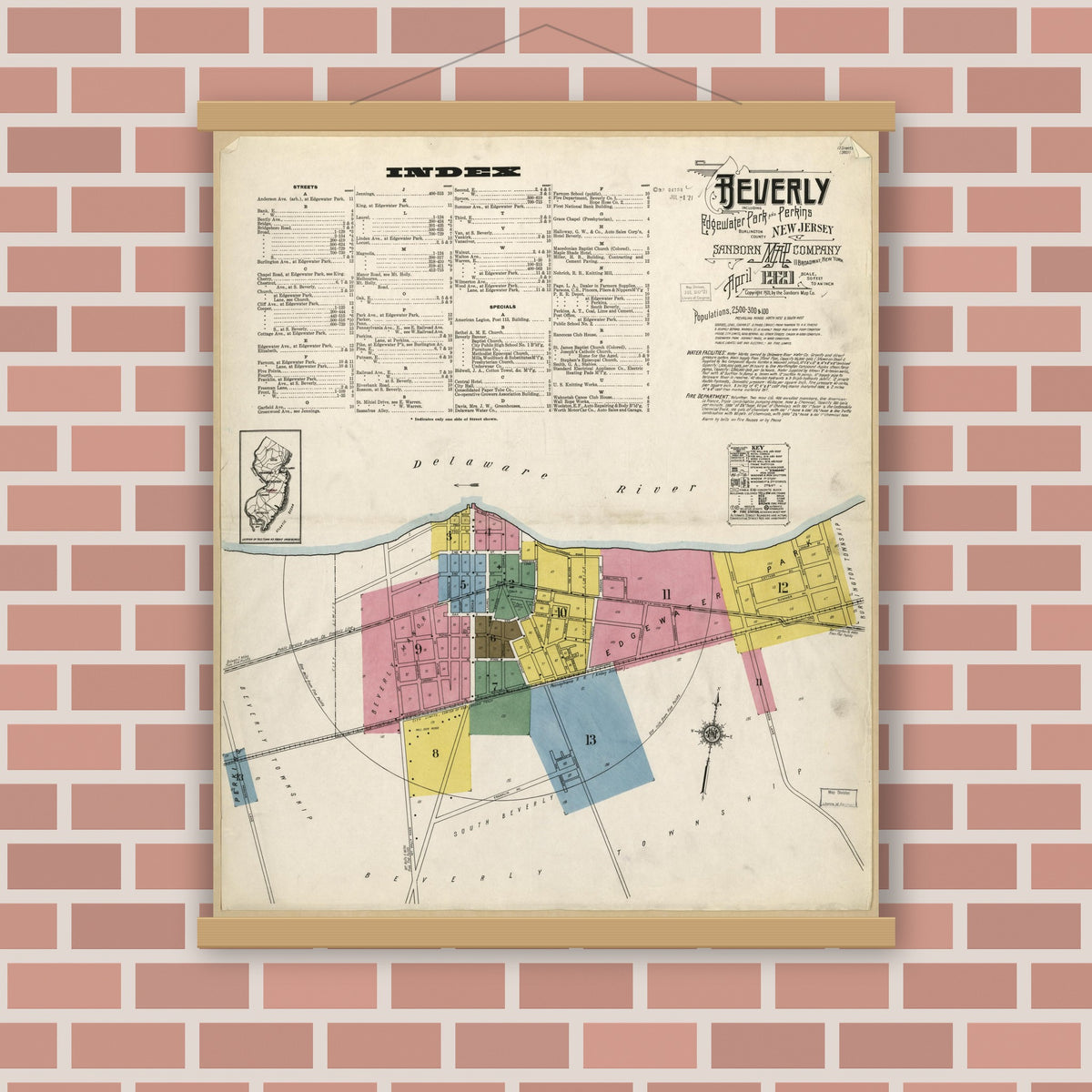 Old map wall art mockup — magnetic wood frame on brick wall — Sanborn Fire Insurance Map from Beverly, Burlington County, New Jersey (1921), Sheet #0001