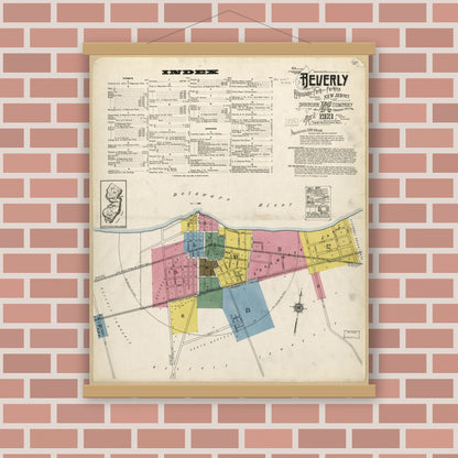 Old map wall art mockup — magnetic wood frame on brick wall — Sanborn Fire Insurance Map from Beverly, Burlington County, New Jersey (1921), Sheet #0001