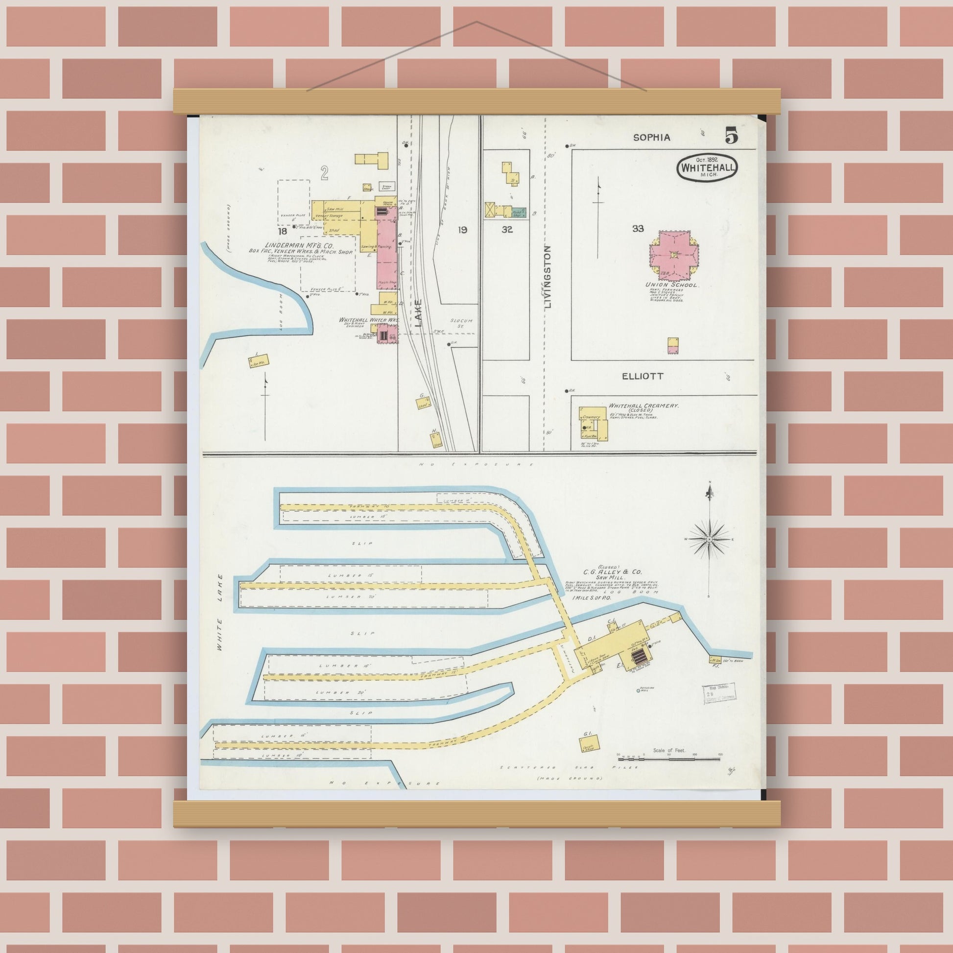 Old map wall art mockup — magnetic wood frame on brick wall — Sanborn Fire Insurance Map from Whitehall, Muskegon County, Michigan (1892), Sheet #0005